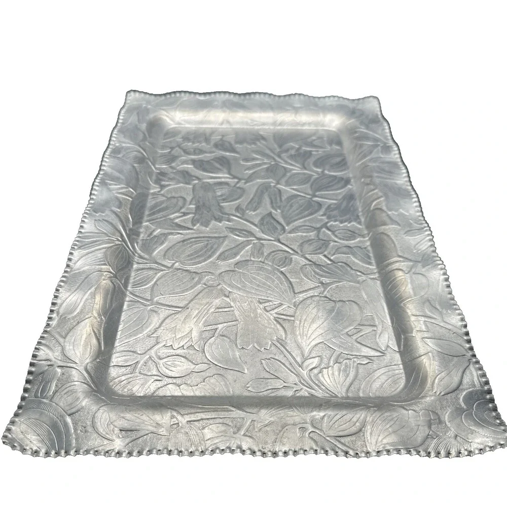 Vtg Admiration Products Co. - Floral Embossed-  Hammered Aluminum Serving Tray